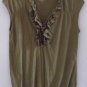 ANN TAYLOR LOFT BLOUSE Top Brownish Green Size Small Ruffle Elastic Sleeveless