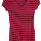 TUNIC TOP Maroon Burgundy Black Stripes V-Neck Short Sleeves Small T-shirt