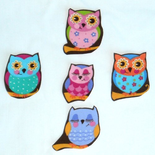 5 Pc Retro Sleepy Owls No Sew Iron On Appliques Cotton Patches
