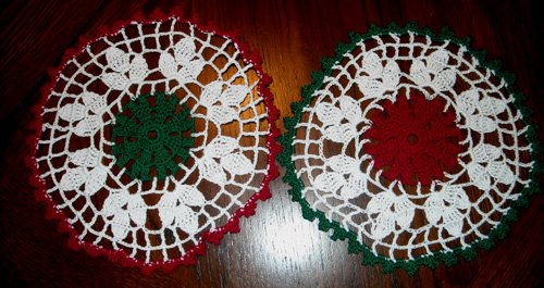 Set of 2 Red Green Elegance 8 Inch Round Cotton Crochet Doily Christmas