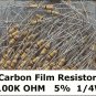 50pcs - 100k Ohm Carbon Resistors 1/4W 5% (100000 ohm)