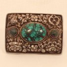 Tibetan Buddhist repousse silver and turquoise buckle