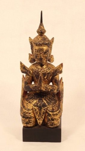 Thailand 19th c wood lacquer and gilt figure of a kneeling attendant