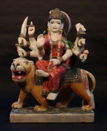 19thc Hindu marble temple sculpture of Durga riding her Lion