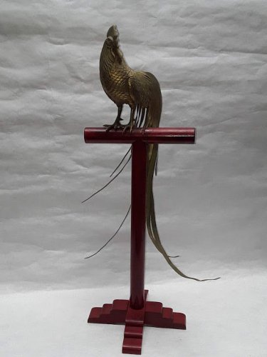 Japanese Meiji Gilt Bronze Rooster Okimono on Stand