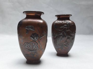 Pair of Taisho Copper Clad metal vases