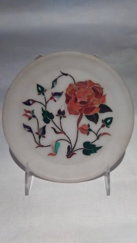 Pietra dura grand tour white marble inlaid plate with flowers