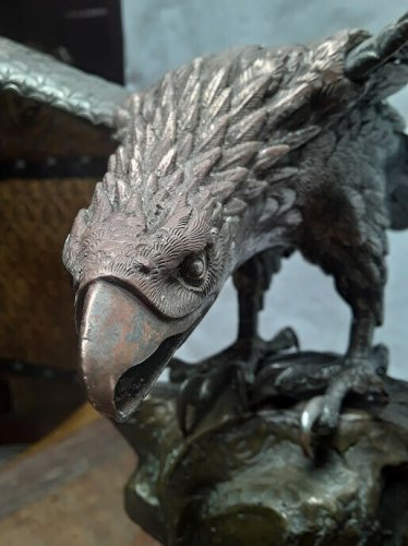 Japanese Meiji Bronze okimono Hawk on Rockery base signed