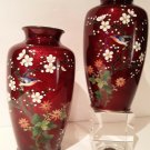 Japanese Ginbari Cloisonne Red Vases with Birds and flowers