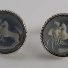 VINTAGE 3 HORSE CAMEO SILVER PLATED ROUND CUFF LINKS