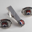 VINTAGE SILVER PLATED USA NATIONAL WAR COLLEGE OVAL CUFF LINKS & TIE CLIP NOS
