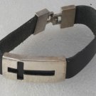 SWANK SILVER PLATED METAL &  BLACK LEATHER UNISEX GOTHIC CROSS BRACELET NWOT