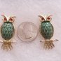 Vintage Figural Green Belly Hoot Owl Pin or Brooch Pair Rhinestone Eyes