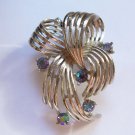Vintage LISNER Ribbon AB Rhinestone Brooch Silver tone