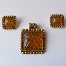 Vintage Faux Amber Honeycomb Snakeskin Design Pendant Earrings Set