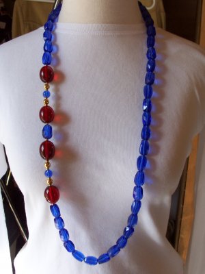 Vintage MONET Blue and Cherry Red Lucite Bead Necklace