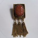 Vintage Goldstone Gold Stone Chain Dangle Tassel Brooch