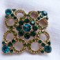 Vintage Teal Blue & Green Glass Rhinestone Pin Brooch Liz Claiborne