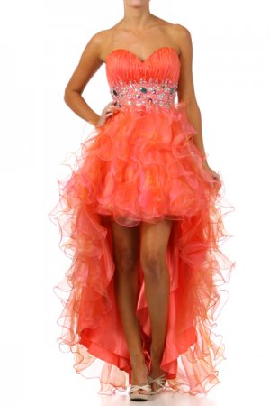 #501jul--Strapless Beaded Hi-Low Prom Dress in Coral - XS to 2XL - 3 Colors
