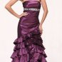Purple Strapless Rhinestones Pleated Bodice Layered Ruffle Hemline Long Prom Formal Gown