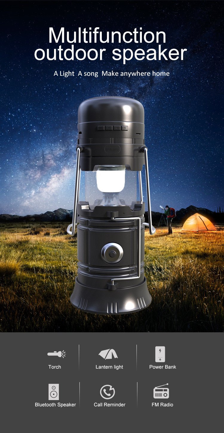 Multifunction Outdoor Bluetooth Speaker - Torch & Lantern Light, FM Radio, Solar Charger
