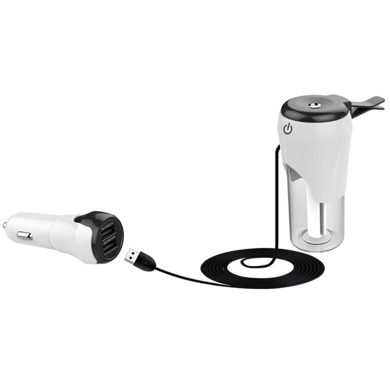 Car Air Humidifier - Plug And Play, Touch Button, Aroma Diffuser, 2 USB Ports (White)