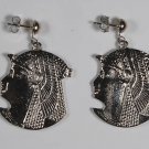 SILVER TONE VINTAGE METAL EGYPTIAN HEAD EARRING JEWELRY