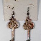 VINTAGE SILVER TONE METAL SKELETON KEY EARRINGS