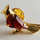 Vintage Bird Cardinal Gold Tone Metal Pin Red Glass Gem Center