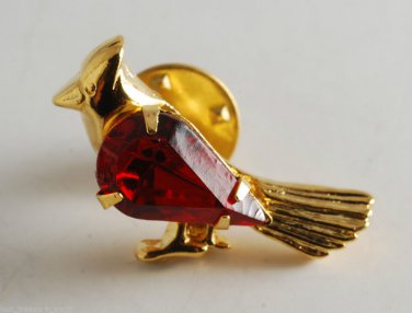 Vintage Bird Cardinal Gold Tone Metal Pin Red Glass Gem Center