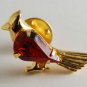 Vintage Bird Cardinal Gold Tone Metal Pin Red Glass Gem Center