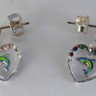 Vintage Glass Heart Reverse Intaglio Dolphin Earrings Metal Womans Jewelry
