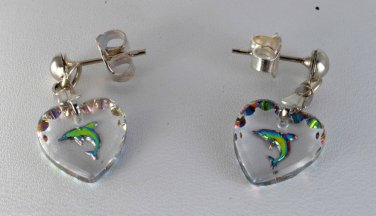 Vintage Glass Heart Reverse Intaglio Dolphin Earrings Metal Womans Jewelry