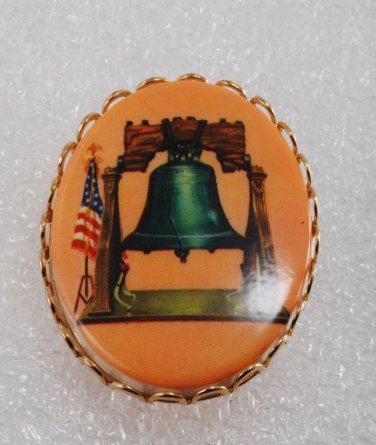Vintage Liberty Bell PLastic Cabochon American Flag Pin Brooch Jewelry