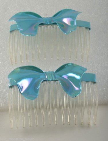 Vintage Hair Comb Pair Blue Bows Side Comb Toppers Hair Accessorie