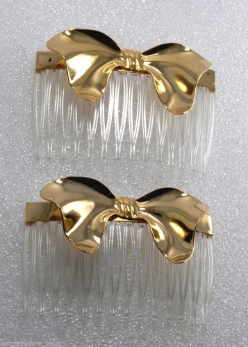 Vintage Clear Plastic Hair Comb Gold Metal Bow Topper Hair Accessorie
