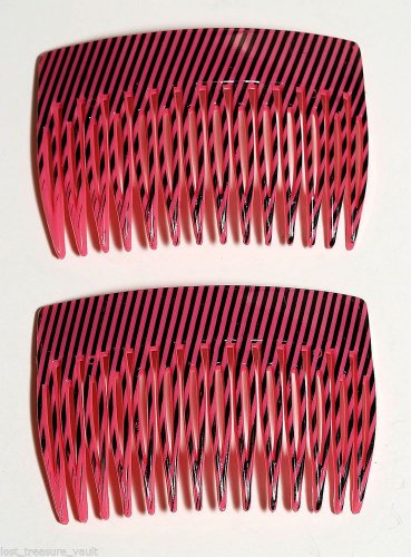 Vintage Hair Comb Pair Made in France Black Pink Pinstirpe Accessorie
