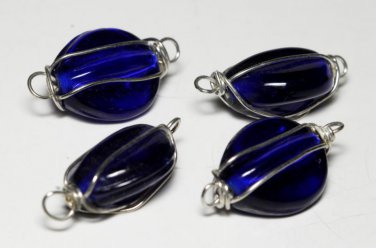 Vintage Cobalt Blue Glass Silver Wire Connector Bead Finding