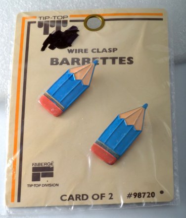 Vintage Tip Top Hair Barrette Enamel Pencil Pair Faberge Wire Back Blue NOC