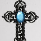 Vintage Silver Blue Glass Stone Large Cross Pendant