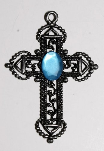 Vintage Silver Blue Glass Stone Large Cross Pendant
