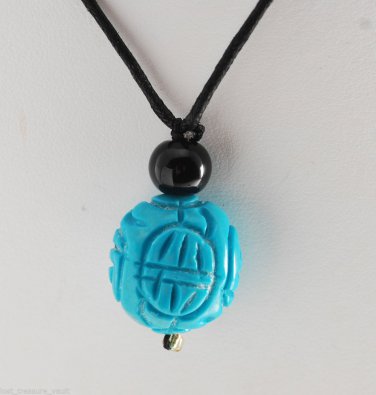 Turquoise Blue Dyed Howlite Carved Stone Adjustable Black Cord  Necklace Jewelry