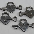 Vintage Silver Set of 4 Lock and Key Heart Metal Stampings Finding