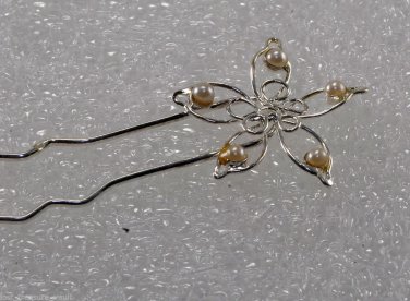 Small Silver Metal Faux Pearl Small Hair Fork Pin New