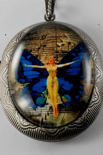 Victorian Style Silver Plated Brass Locket Music Butterfly Glass Dome Cabochon