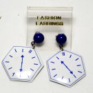Vintage Blue and White Metal Clock Pierced Earring