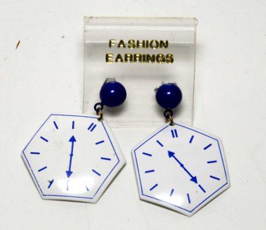 Vintage Blue and White Metal Clock Pierced Earring