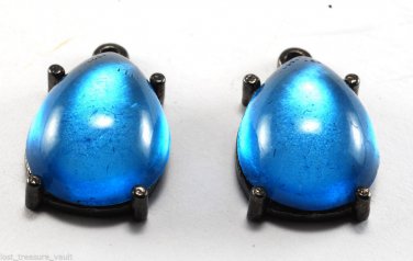 Vintage Charm Dangle Blue Glass Stone Gray Silver Setting Pair