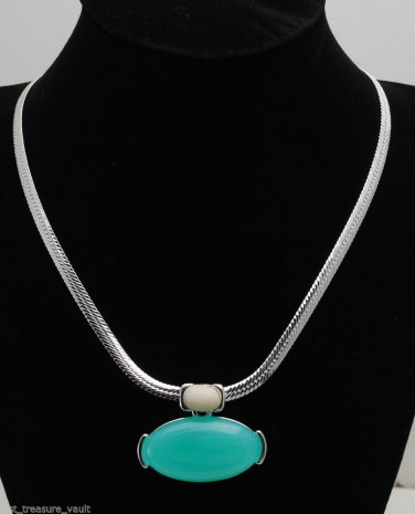 Vintage Designer Silver Plated Green White Glass Herringbone Necklace Jewelry