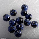 Vintage Glass Beads Set of 12 Round Black Blue Design Jewelry Making